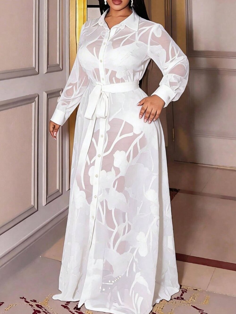 Elegant Women's Plus Size Long Sleeve Front Button Sheer maxi Dress -White - Picture 6 of 7